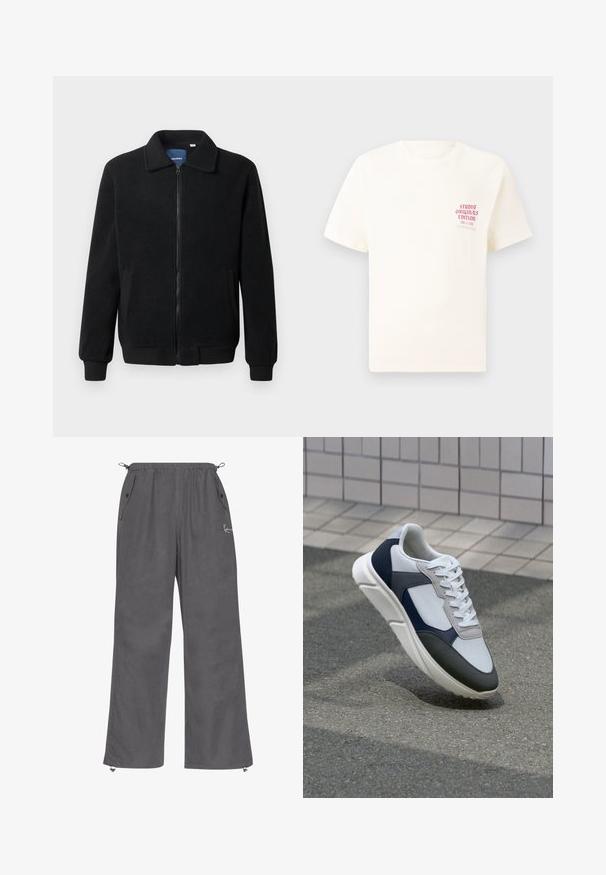Czarna polarowa kurtka z zamkiem błyskawicznym, stójką, ściągaczami przy mankietach oraz bocznymi kieszeniami o teksturowanej powierzchni.; Biała koszulka z krótkim rękawem z czerwonym napisem "Studio Originals Edition" po lewej stronie klatki piersiowej, wyeksponowana na neutralnym szarym tle.; Szare, szerokie spodnie wykonane z miękkiej tkaniny. Posiadają elastyczny pas, boczne kieszenie oraz zamki błyskawiczne na mankietach. Prosty design z minimalnymi detalami.; Białe, granatowe i szare sneakersy o mieszanej konstrukcji, z teksturowanym wierzchem, płaskimi sznurowadłami i amortyzowaną podeszwą.