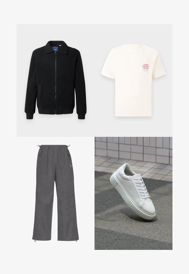 Musternahk fleece-jakk musternahaga, tõmblukk, seisev kaelus, soonikkoes varrukad ja küljetaskud tekstuurse pinnaga.; Valge lühikeste varrukatega T-särk, millel on vasakul rinnal punane tekst "Studio Originals Edition", esitatud neutraalsel hallil taustal.; Hallid hallid larvid püksid, mis on valmistatud pehmest kangast. Omavad elastset vööd, küljetaskuid ja lukuga sääreotsi. Lihtne disain minimaalsete detailidega.; Valge nahkline sneka, millel on sile pind, ümar varvas ja lame valge pael. Omab tekstuuriga kummist talla ja minimaalset kujunduselementi.