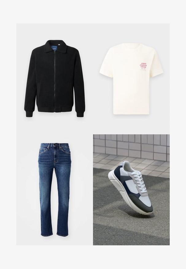 Černá fleecová bunda s zipovým uzávěrem, stojáčkem, vroubkovanými manžetami a bočními kapsami s texturovaným povrchem.; Bílý krátký rukávový tričko s červeným textem "Studio Originals Edition" na levé hrudi, vystavené na neutrálním šedém pozadí.; Tmavě modré džíny s rovnými nohavicemi, pěti kapsami a měděným kováním. Obsahují jemné vyblednutí na stehnech.; Bílé, námořnické a šedé tenisky s kombinovaným materiálovým designem, který zahrnuje texturovaný svršek, ploché šňůrky a polstrovanou podešev.