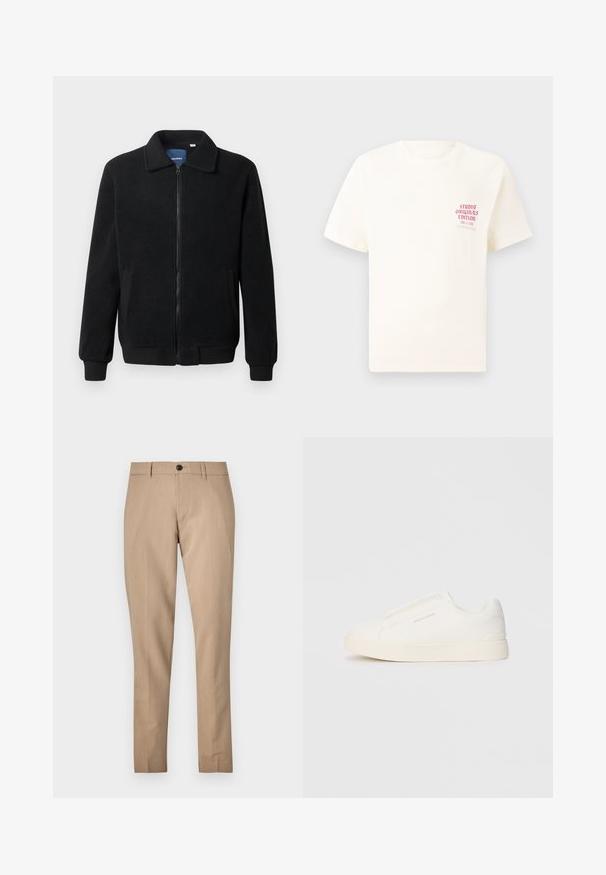 Svart fleece jakke med glidelås, høy krage, ribbestrikkede mansjetter og sidelommer med strukturert overflate.; Hvit T-skjorte med korte ermer og rød tekst "Studio Originals Edition" på venstre bryst, vist på en nøytral grå bakgrunn.; Beige skreddersydde bukser laget av et glatt stoff, med knappelukking, beltesløyfer og en slank passform med rette ben.; Hvite slip-on joggesko med teksturert overflate, tykk såle og minimalistisk design. Har merkevarelogo på siden.