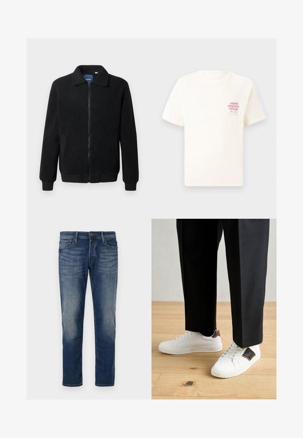 Fekete bolyhos dzseki cipzárral, állógallérral, bordázott mandzsettákkal és oldalzsebekkel, textúrált felülettel.; Fehér, rövid ujjú póló, bal mellen piros szöveggel "Studio Originals Edition", semleges szürke háttér előtt.; Sötétkék farmernadrág klasszikus szabással, öt zsebbel, finom kopással a combokon és egyenes szárú kialakítással. Fém gombos záródás.; Fehér sneaker, sima textúrával, barna bőr díszítéssel és fekete részletekkel, fekete szabott nadrággal párosítva. Fából készült padló háttér.