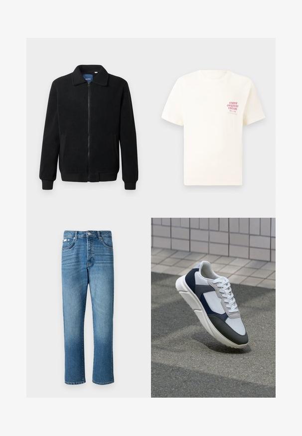 Μαύρο φλις μπουφάν με κλείσιμο με φερμουάρ, όρθιο γιακά, λαστιχένια μανίκια και πλάγιες τσέπες με υφή.; Άσπρη κοντομάνικη μπλούζα με κόκκινο κείμενο "Studio Originals Edition" στο αριστερό στήθος, παρουσιασμένη σε ουδέτερο γκρι φόντο.; Ανοιχτό μπλε τζιν παντελόνι με ίσια γραμμή, που διαθέτει κλείσιμο με κουμπί, πέντε τσέπες και ήπια φθορά στους μηρούς και την άκρη.; Λευκά, ναυτικά και γκρι sneakers με σχέδιο από μικτά υλικά, που διαθέτουν υφή στο πάνω μέρος, επίπεδα κορδόνια και μαλακή σόλα.