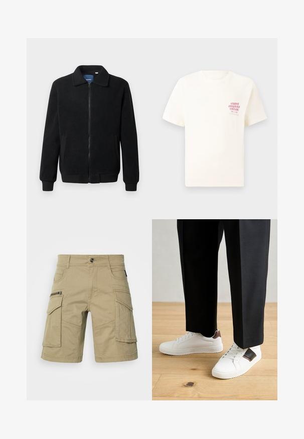 Fekete bolyhos dzseki cipzárral, állógallérral, bordázott mandzsettákkal és oldalzsebekkel, textúrált felülettel.; Fehér, rövid ujjú póló, bal mellen piros szöveggel "Studio Originals Edition", semleges szürke háttér előtt.; Tartós anyagból készült bézs cargo sort, számos zsebbel, cipzáras oldalzsebbel és varrott részletezéssel. Szabványos derékrész gombbal.; Fehér sneaker, sima textúrával, barna bőr díszítéssel és fekete részletekkel, fekete szabott nadrággal párosítva. Fából készült padló háttér.