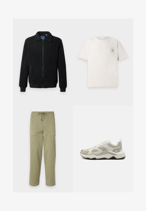 Čierna flísová bunda s uzáverom na zips, stojatým golierom, rebrovanými manžetami a bočnými vreckami s textúrovaným povrchom.; Tričko s krátkym rukávom svetlo béžovej farby vyrobené z bavlny. Má okrúhly výstrih a čiernu okrúhlu grafiku so symbolom na ľavej hrudi.; Svetlo olivové nohavice vyrobené z zmesi bavlny, s elastickým pásom na šnúrku a dvoma veľkými bočnými vreckami.; Béžová športová obuv so zmesou hladkých syntetických a sieťových materiálov, texturovanými akcentmi a hrubou bielou a čiernou podrážkou.