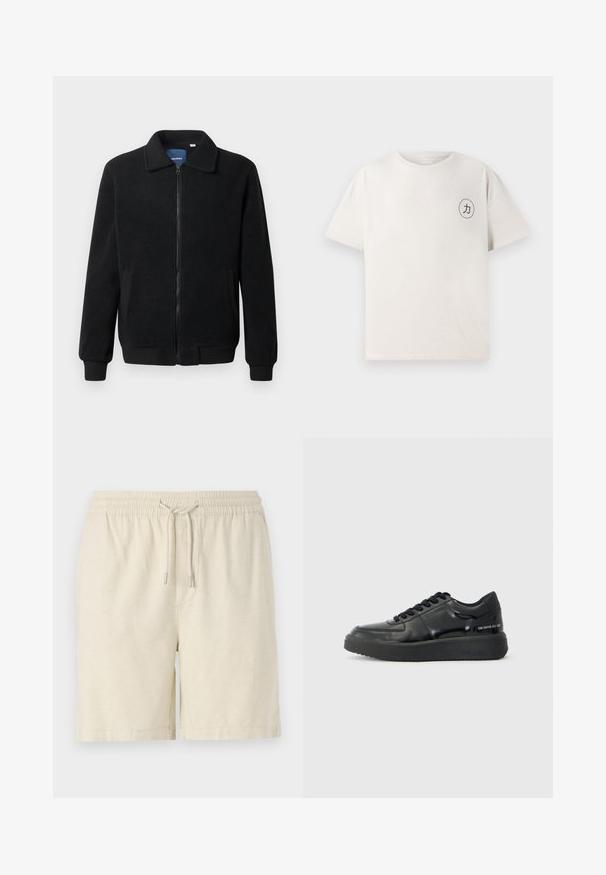 Giacca in pile nera con chiusura zip, colletto alto, polsini a coste e tasche laterali con superficie strutturata.; T-shirt a maniche corte di colore beige chiaro, realizzato in cotone. Presenta un collo rotondo e una grafica circolare nera con un simbolo sul petto sinistro.; Shorts beige chiaro realizzati in un tessuto texturizzato. Presentano una vita elasticizzata con coulisse e tasche laterali. Taglio classico e design casual.; Sneakers in pelle nera con una finitura liscia, punta rotonda e suola in gomma nera a contrasto. Presentano lacci piatti e un logo sul lato.