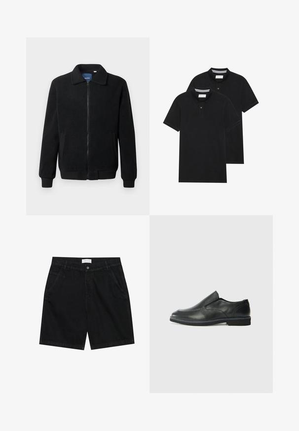 Musta fleece-takki, jossa on vetoketjulla suljettavat, pystykaulus, ribbireunat ja sivutaskut, joissa on teksturoitu pinta.; Kaksi mustaa lyhythihaista poolopaitaa, puuvillamateriaalia, joissa on klassinen kaulus, kahden napin napitus ja valkoiset raidat kauluksen sisällä.; Mustat farkkushortsit klassisella leikillä, joissa on kaksi etutaskua, nappikiinnitys ja etiketti vyötäröllä. Rakenteellinen kangas.; Musta nahkainen liukujalkine, jossa on sileä pinta, ommeltuja yksityiskohtia, pyöristetty kärki ja matala kumipohja. Pohjassa on minimaalinen pito.