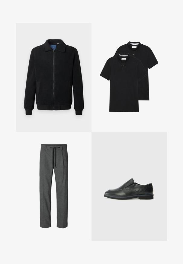 Melnā vilnas jaka ar rāvējslēdzēju, stāvošu apkakli, ribotām piedurknēm un sānu kabatām ar teksturētu virsmu.; Divas melnas polo krekli, īsām piedurknēm, no kokvilnas materiāla, ar klasisku apkakli, divu pogu aizdari un balti svītroti akcenti apkakles iekšpusē.; Pelēki piegriezti bikses ar teksturētu rakstu, ar aukliņu viduklī un divām sānu kabatām. Taisnu kāju dizains, bez apmales.; Melnas ādas slip-on kurpes ar gludu augšdaļu, izšūtām akcentiem, noapaļotu purngala daļu un zemu gumijas papēdi. Zole ar minimālu rakstu.