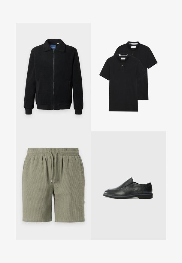 Czarna polarowa kurtka z zamkiem błyskawicznym, stójką, ściągaczami przy mankietach oraz bocznymi kieszeniami o teksturowanej powierzchni.; Dwie czarne koszulki polo z krótkim rękawem, wykonane z materiału bawełnianego, z klasycznym kołnierzykiem, z zapięciem na dwa guziki oraz białymi paskami wewnątrz kołnierza.; Szorty o fakturze waflowej, w oliwkowym kolorze, z elastycznym pasem, wiązaniem ze sznurków oraz luźnym krojem. Gładki brzeg nogawek.; Czarne skórzane buty wsuwane z gładką cholewką, przeszyciami, okrągłym noskiem i niskim gumowym obcasem. Podeszwa ma minimalny bieżnik.