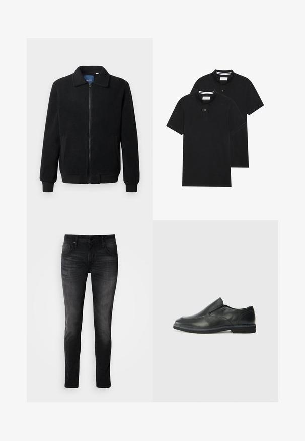 Melnā vilnas jaka ar rāvējslēdzēju, stāvošu apkakli, ribotām piedurknēm un sānu kabatām ar teksturētu virsmu.; Divas melnas polo krekli, īsām piedurknēm, no kokvilnas materiāla, ar klasisku apkakli, divu pogu aizdari un balti svītroti akcenti apkakles iekšpusē.; Melnas džinsus bikses ar šauru piegriezumu, piecu kabatu dizainu, nelielu izbalējumu un kontrastējošu dūrienu. Iespējas klasiskā metāla pogas un rāvējslēdzēja aizdare.; Melnas ādas slip-on kurpes ar gludu augšdaļu, izšūtām akcentiem, noapaļotu purngala daļu un zemu gumijas papēdi. Zole ar minimālu rakstu.