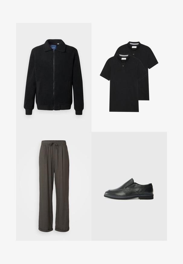 Schwarze Fleecejacke mit Reißverschluss, Stehkragen, gerippten Bündchen und seitlichen Taschen mit strukturiertem Oberflächenmaterial.; Zwei schwarze Polohemden, kurzärmlig, aus Baumwolle, mit einem klassischen Kragen, zwei Knöpfen und weißen Streifenakzenten im Inneren des Kragens.; Dunkelgraue weit geschnittene Hose mit einem Zugbandsaum, gefertigt aus einem weichen, strukturierten Stoff, mit umgeschlagenen Bündchen an den Knöcheln.; Schwarze Leder-Slipper mit glattem Obermaterial, gesteppten Akzenten, runder Zehenpartie und niedrigem Gummiabsatz. Die Sohle hat ein minimales Profil.