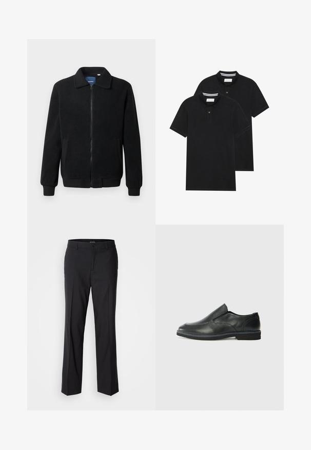 Černá fleecová bunda s zipovým uzávěrem, stojáčkem, vroubkovanými manžetami a bočními kapsami s texturovaným povrchem.; Dvě černé polokošile s krátkým rukávem z bavlny, s klasickým límcem, dvouknoflíkovou légou a bílými pruhovanými akcenty uvnitř límce.; Černé kalhoty s rovnými nohavicemi, vybavené zapínáním na knoflík a poutky na pás, vyrobené z hladkého materiálu bez viditelných vzorů.; Černá kožená nazouvací bota s hladkým svrškem, prošívanými detaily, zaoblenou špičkou a nízkým gumovým podpatkem. Podešev má minimální vzorek.