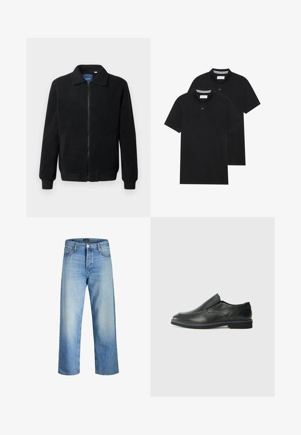 Chaqueta de forro polar negra con cierre de cremallera, cuello alzado, puños acanalados y bolsillos laterales con una superficie texturizada.; Dos camisetas polo negras, de manga corta, de material de algodón, que presentan un cuello clásico, una tapeta de dos botones y acentos de rayas blancas en el interior del cuello.; Jeans de denim azul claro con un corte relajado, que presentan una cintura alta, bolsillos frontales y un corte recto, destacando un desvanecimiento sutil.; Zapato negro de cuero sin cordones con un upper suave, detalles de costura, punta redonda y un bajo tacón de goma. La suela presenta una tracción mínima.