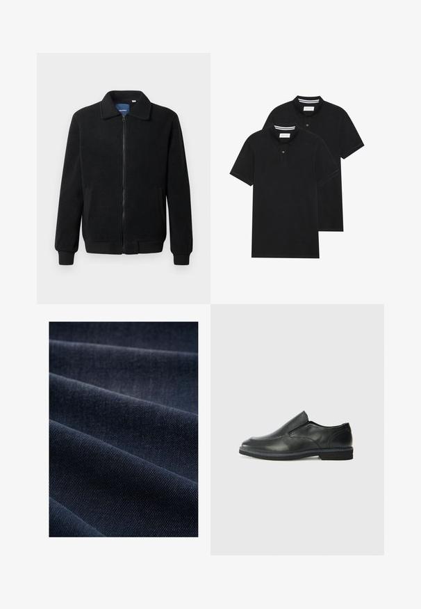 Crni flis jakna s zatvaranjem na zip, stojećim ovratnikom, rebrastim manžetama i bočnim džepovima s teksturiranom površinom.; Dva crna polo majice, kratki rukavi, pamučni materijal, sa klasičnom ovratnikom, čepom sa dva gumba i bijelim prugastim detaljima unutar ovratnika.; Tamno plava traper tkanina s rebrastom teksturom, prikazuje nabore i valove, naglašavajući svoju težinu i izdržljivost.; Crne kožne cipele na sklapanje s glatkom gornjom površinom, prošivenim detaljima, zaobljenim vrhom i niskim gumene potplate. Potplat ima minimalne uzorke.