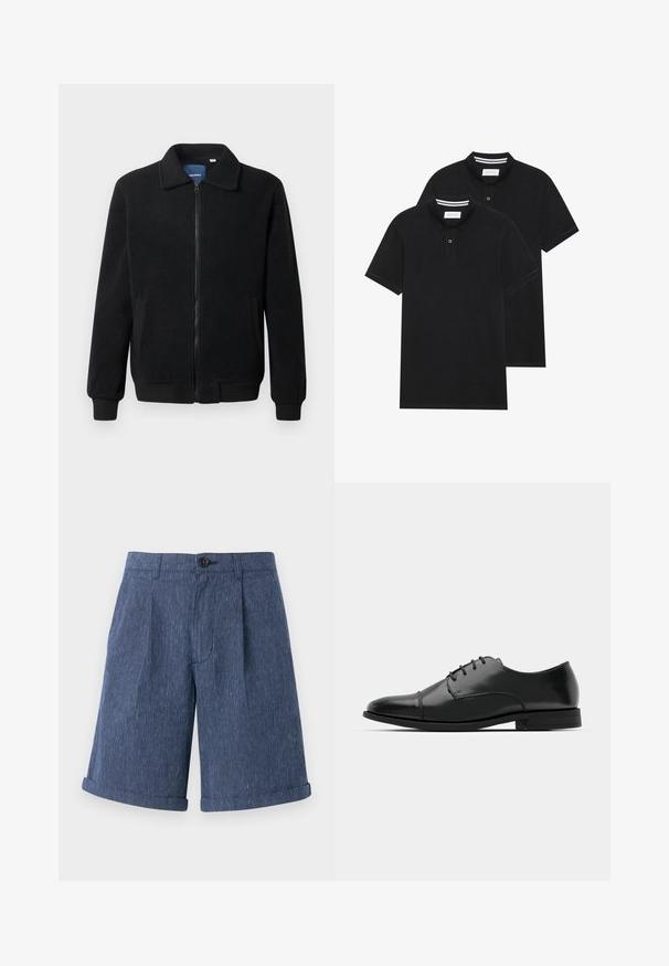 Casaco de polar preto com fecho de correr, gola alta, punhos canelados e bolsos laterais com uma superfície texturizada.; Duas camisetas polo pretas, de manga curta, em material de algodão, com colarinho clássico, abertura com dois botões e detalhes em riscas brancas no interior do colarinho.; Calções azuis texturizados com um padrão listrado subtil, apresentando um fecho com um único botão e bainhas dobradas.; Sapatilha de pele preta com biqueira arredondada, design de atacadores, detalhes de costura sutis e um salto baixo. Textura suave com acabamento polido.