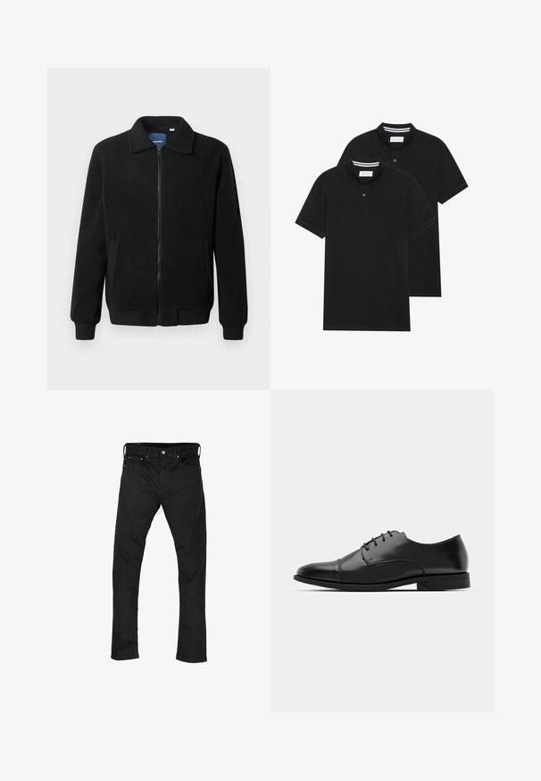 Juodas fliso džemperis su užtrauktuku, stovinčia apykakle, gumuotais rankogaliais ir šoninėmis kišenėmis, turinčiomis tekstūruotą paviršių.; Du žaidimų juodos polo marškiniai, trumpomis rankovėmis, pagaminti iš medvilnės, su klasikinėmis apykaklėmis, dviem mygtukais priekyje ir baltais dryžiais apykaklės viduje.; Juodi aptempti džinsai su penkiais kišenėmis ir mygtuko uždarymu, išdėstyti lygiame fone ant baltos spalvos.; Juodas odinis džinsinis batų modelis su apvaliu galiuku, raišteliu ir subtiliomis siūlėmis, taip pat žemu kulnu. Lygus pavirčius su blizgiu apdaila.