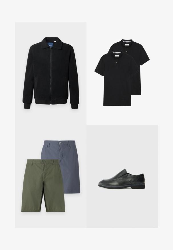 Veste en polaire noire avec fermeture éclair, col montant, poignets côtelés et poches latérales avec une surface texturée.; Deux polos noirs, à manches courtes, en coton, avec un col classique, une patte de boutonnage à deux boutons, et des accents rayés blancs à l'intérieur du col.; Deux paires de shorts : une olive, l'autre bleu marine. Les deux présentent une fermeture à bouton, une coupe droite et un tissu lisse avec un léger éclat.; Chaussure slip-on en cuir noir avec une tige lisse, des accents cousus, un bout arrondi et un petit talon en caoutchouc. La semelle présente un profil de traction minimal.