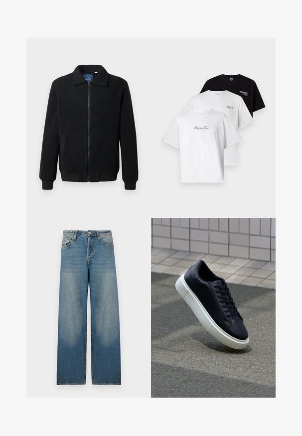 Črna flis jakna z zadrgo, stoječim ovratnikom, rebrastimi zapestji in stranskimi žepi s teksturirano površino.; Tri majice v paketu: ena črna in dve beli. Kratki rokavi, okrogli ovratnik, z napisom na prsih v kontrastnih barvah. Iz bombaža.; Svetlo modri široki kavbojke iz denima z visokim pasom, petimi žepi in pobledelimi področji za vintage videz.; Črne usnjene superge z zaobljenim prstom in belim gumijastim podplat. Imajo ravne vezalke in minimalno šivanje na zgornjem delu. Teksturirani podplat za oprijem.