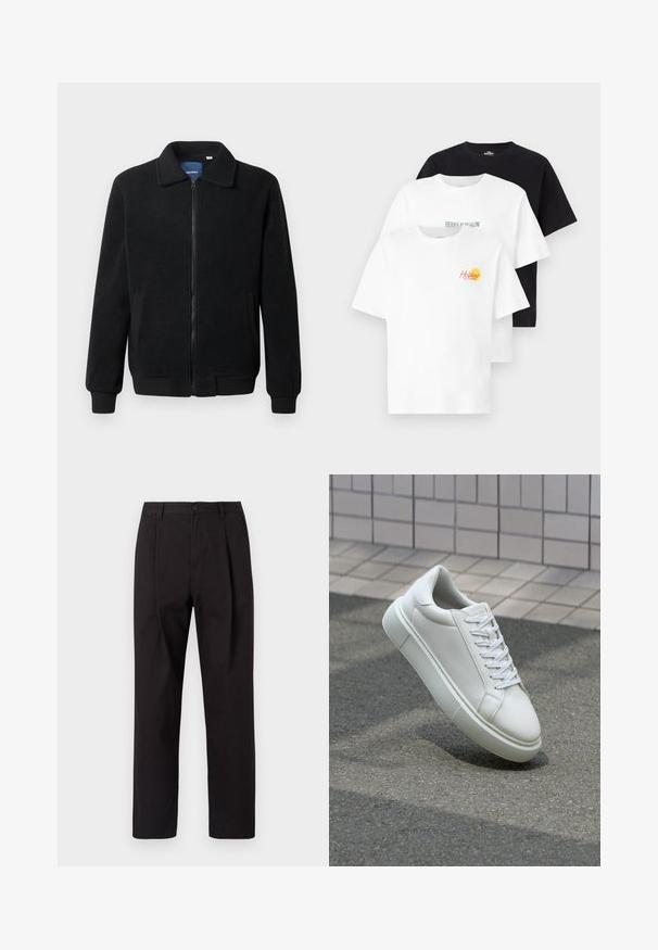 Casaco de polar preto com fecho de correr, gola alta, punhos canelados e bolsos laterais com uma superfície texturizada.; Três t-shirts de manga curta: uma preta, uma branca com o texto "HIDDEN BUNGALOW", e uma branca com uma gráfica de "Holidays" em vermelho e amarelo. Tecido de algodão.; Jack & Jones JPSTBILL WILLIAM WORKER - Chinos - black; Tênis de couro branco com superfície lisa, bico redondo e cadarços brancos planos. Apresenta uma sola de borracha texturizada e elementos de design minimalistas.