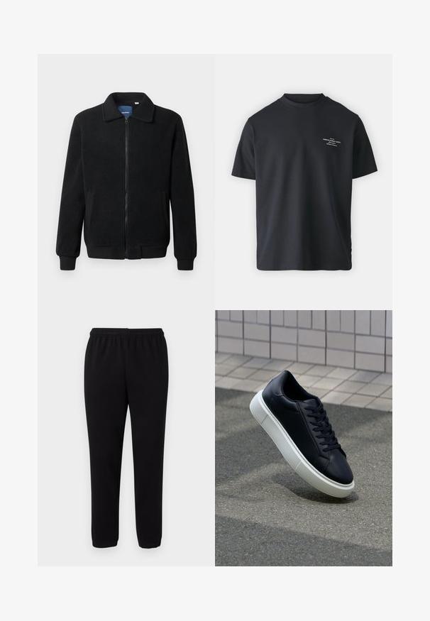 Czarna polarowa kurtka z zamkiem błyskawicznym, stójką, ściągaczami przy mankietach oraz bocznymi kieszeniami o teksturowanej powierzchni.; Czarny bawełniany t-shirt z okrągłym dekoltem, krótkimi rękawami i małym białym nadrukiem z przodu, charakteryzujący się luźnym krojem i gładką fakturą.; Czarne dresowe spodnie z elastycznym paskiem w talii i mankietami na kostkach, wyeksponowane na jednolitym białym tle.; Czarne skórzane sneakersy z okrągłym noskiem i białą gumową podeszwą. Posiadają płaskie sznurowadła i minimalne przeszycia na cholewce. Teksturowana podeszwa zapewnia przyczepność.