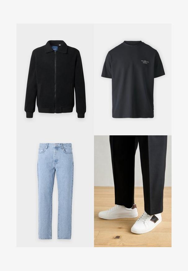 Giacca in pile nera con chiusura zip, colletto alto, polsini a coste e tasche laterali con superficie strutturata.; T-shirt in cotone nero con collo rotondo, maniche corte e una piccola stampa di testo bianco sul davanti, caratterizzata da una vestibilità comoda e una texture liscia.; Jeans in denim azzurro chiaro con un design a gamba dritta, cinque tasche e chiusura con bottone. Texture morbida con una finitura sbiadita classica.; Sneakers bianchi dalla texture liscia, con dettagli in pelle marrone e particolari neri, abbinati a pantaloni neri su misura. Sfondo in parquet.