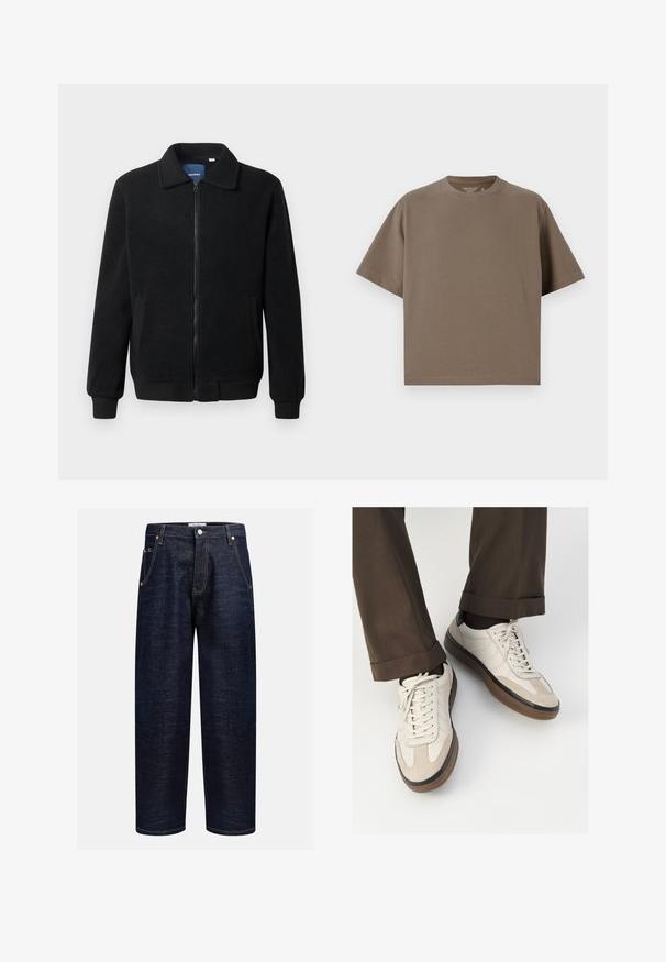 Black fleece jacket featuring a zip closure, stand collar, ribbed cuffs, and side pockets with a textured surface.; Brown, short-sleeve t-shirt made of soft fabric with a round neckline. Features a relaxed fit and simple hem detailing.; Dark denim jeans with a straight fit, featuring five pockets, copper rivets, and contrasting stitching along the seams.; Beige sneakers with a textured suede front, smooth leather sides, and a brown rubber sole. Laces and light stitching detail included.