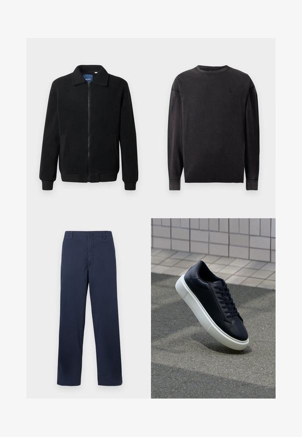 Veste en polaire noire avec fermeture éclair, col montant, poignets côtelés et poches latérales avec une surface texturée.; T-shirt noir à manches longues en coton, avec un col rond, des manches à revers et un petit logo sur la poitrine. Texture lisse.; Pantalons en coton bleu marine avec une coupe droite, présentant une fermeture à bouton à l'avant, des passants de ceinture et une texture lisse.; Baskets noires en cuir avec bout arrondi et semelle en caoutchouc blanc. Elles présentent des lacets plats et une couture minimale sur la tige. Semelle texturée pour une bonne adhérence.