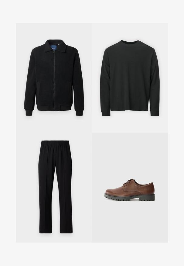 Veste en polaire noire avec fermeture éclair, col montant, poignets côtelés et poches latérales avec une surface texturée.; T-shirt noir à manches longues en coton, avec un col rond, une coupe ample et des poignets côtelés. Texture lisse sans motifs visibles.; Pantalons noirs à taille élastique avec une coupe droite, présentant une texture lisse et sans motifs ni éléments visibles.; Chaussure oxford en cuir marron avec une texture lisse, bout rond et semelle extérieure en caoutchouc noir avec un motif de semelle. Lacets fixés à l'avant.