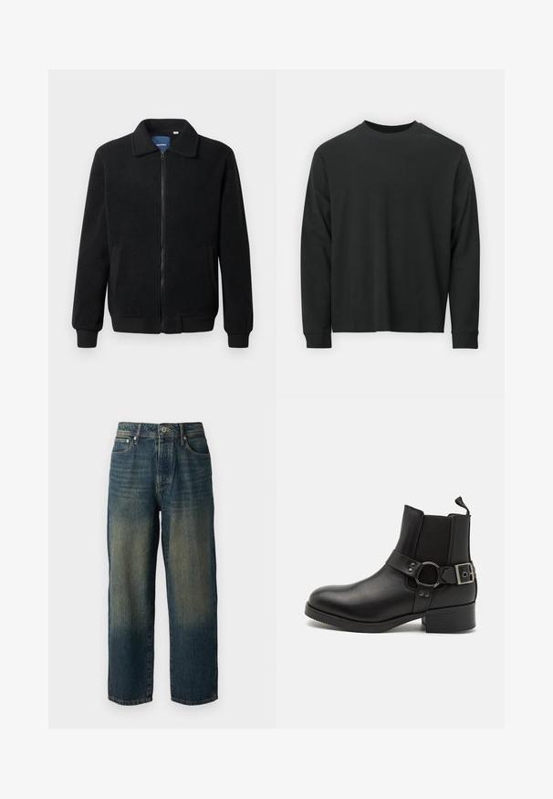 Černá fleecová bunda s zipovým uzávěrem, stojáčkem, vroubkovanými manžetami a bočními kapsami s texturovaným povrchem.; Černé tričko s dlouhými rukávy vyrobené z bavlny, s kulatým výstřihem, volným střihem a žebrovanými manžetami. Hladká textura bez viditelných vzorů.; Modré džínové kalhoty s rovný střih, s vybledlým designem a světlejšími odstíny směrem k lemu, pěti kapsami a knoflíkovým zapínáním.; Steve Madden ANTONN - Kovbojské/motorkářské kotníkové boty - black