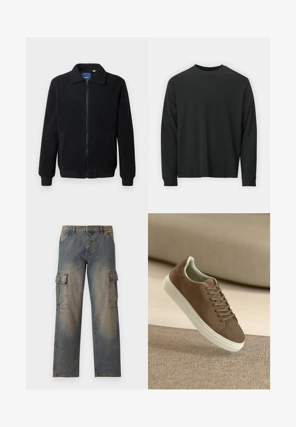 Melnā vilnas jaka ar rāvējslēdzēju, stāvošu apkakli, ribotām piedurknēm un sānu kabatām ar teksturētu virsmu.; Garās piedurknes melna T-kreklā, izgatavota no kokvilnas, ar apaļu kakla izgriezumu, brīvu piegriezumu un ribotām piedurknēm. Gluda tekstūra bez redzamām rakstainēm.; Denim kravas bikses ar izbalējušu zilu krāsu, brīvu piegriezumu, divām lielām sānu kabatām, izšūtu šuvju un klasisku jostas dizainu.; Brūni zamšādas sporta apavi ar gludu tekstūru, auklu dizainu un baltu gumijas zoli. Iezīmējas ar noapaļotu purngalu un plūstošu formu.