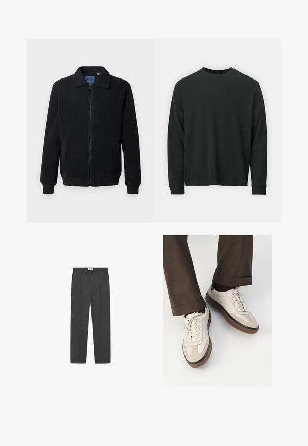 Fekete bolyhos dzseki cipzárral, állógallérral, bordázott mandzsettákkal és oldalzsebekkel, textúrált felülettel.; Fekete, hosszú ujjú póló, 100% pamutból készült, kerek nyakkivágással, bő szabású, bordázott mandzsettákkal. Simaság jellemzi, látható mintázat nélkül.; Szürke szabott nadrág, finom kockás mintával, texturált szövettel és elöl redőkkel, övcsatokkal ellátott derékkal.; Beige sportcipők, texturált velúr elülső résszel, sima bőr oldalakkal és barna gumitalppal. Fűzők és világos varrási részletek is megtalálhatók.