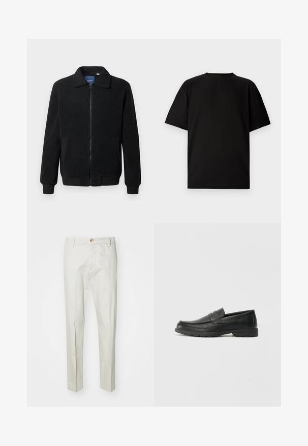 Melnā vilnas jaka ar rāvējslēdzēju, stāvošu apkakli, ribotām piedurknēm un sānu kabatām ar teksturētu virsmu.; Melna īsām piedurknēm T-kreklu, kas izgatavots no ribotas auduma. Tam ir apaļa kakla izgriezums un brīvs piegriezums ar gludu tekstūru. Skats tikai no aizmugures.; Gai bēši bikses, kas izgatavotas no mīksta, teksturēta auduma. Iespējas ietver pogu aizdari, jostas cilpas un taisnas kājas. Tīrs, pielāgots dizains.; Melnas ādas loafers ar gludu apdari, mokasīnu stila augšdaļu, šūtu detalizāciju un gumijas zoli. Klasisks dizains ar zemu papēdi.