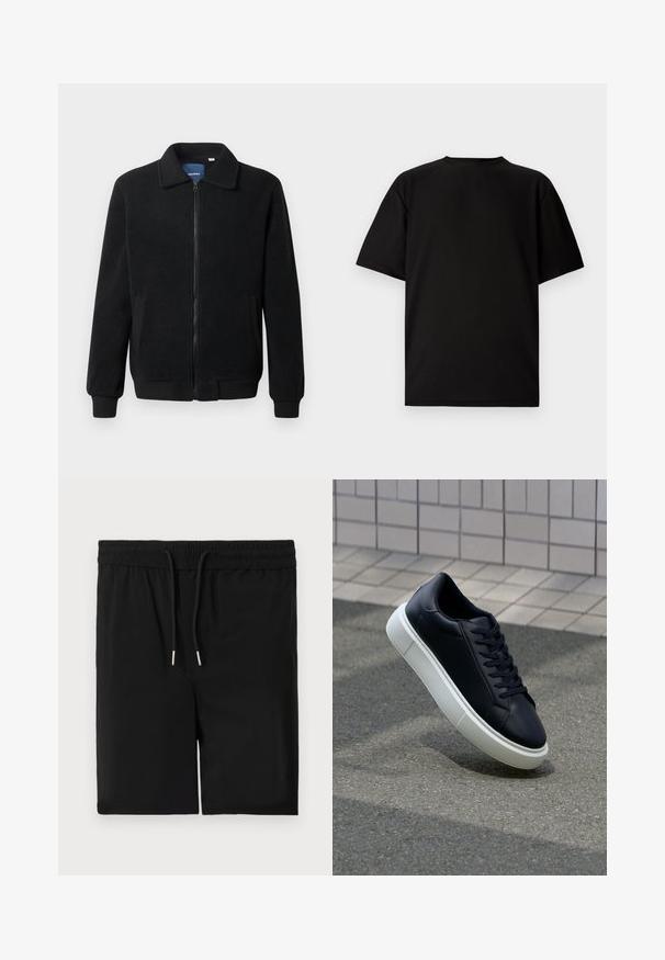 Schwarze Fleecejacke mit Reißverschluss, Stehkragen, gerippten Bündchen und seitlichen Taschen mit strukturiertem Oberflächenmaterial.; Schwarzes kurzärmeliges T-Shirt aus geripptem Stoff. Mit rundem Halsausschnitt und lockerer Passform sowie glatter Textur. Nur Rückansicht.; Schwarze Shorts aus weichem Stoff, mit einem elastischen Bund und Kordelzug sowie einer glatten Textur. Keine Taschen oder zusätzlichen Verzierungen.; Schwarze Leder-Sneaker mit runder Zehenpartie und weißer Gummisohle. Verfügt über flache Schnürsenkel und minimale Nähte im Obermaterial. Strukturiertes Sohlenprofil für besseren Halt.