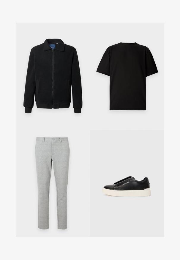 Crni flis jakna s zatvaranjem na zip, stojećim ovratnikom, rebrastim manžetama i bočnim džepovima s teksturiranom površinom.; Crni kratki rukav T-shirt izrađen od rebrastog materijala. Ima okruglu izrezanu vratnicu i opušten kroj s glatkom teksturom. Samo stražnji pogled.; Sivi, uskičeni poslovni hlače napravljene od teksturirane tkanine. Imaju standardni pojas s dugmetom i bočne džepove.; Crne slip-on tenisice s teksturiranim kožnim gornjištem, bijelim gumeni potplat i bez vidljivih vezica. Sadrži logotip marke sa strane.