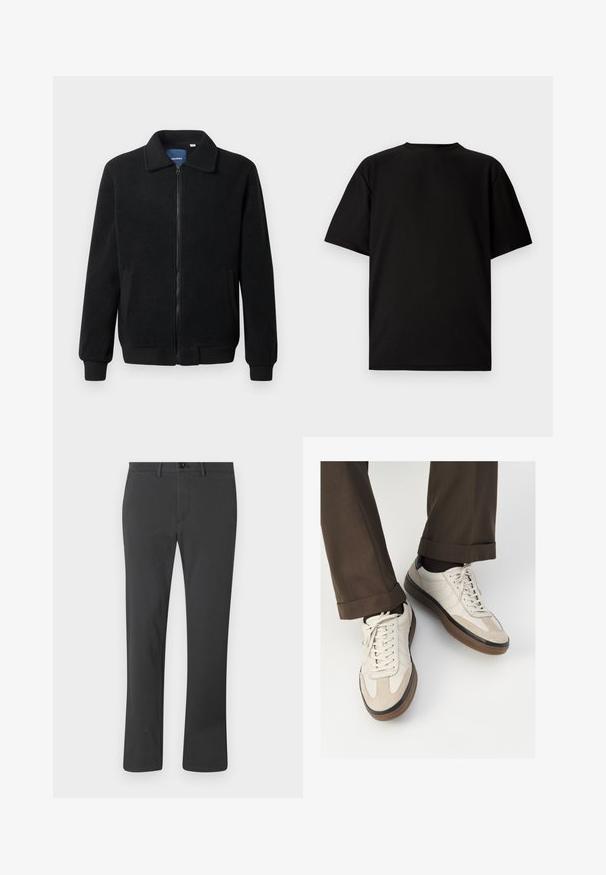 Melnā vilnas jaka ar rāvējslēdzēju, stāvošu apkakli, ribotām piedurknēm un sānu kabatām ar teksturētu virsmu.; Melna īsām piedurknēm T-kreklu, kas izgatavots no ribotas auduma. Tam ir apaļa kakla izgriezums un brīvs piegriezums ar gludu tekstūru. Skats tikai no aizmugures.; Melni bikses, kas izgatavotas no gludas auduma, ar taisno kāju dizainu, ar rāvējslēdzēju, pogu aizdari un jostu cilpiņām. Pamata un funkcionāls stils.; Beidzī lasi ar strukturētu zamšādu priekšpusi, gludiem ādas sāniem un brūnu gumijas zoli. Iekļauti auklas un viegla šuvuma detaļas.