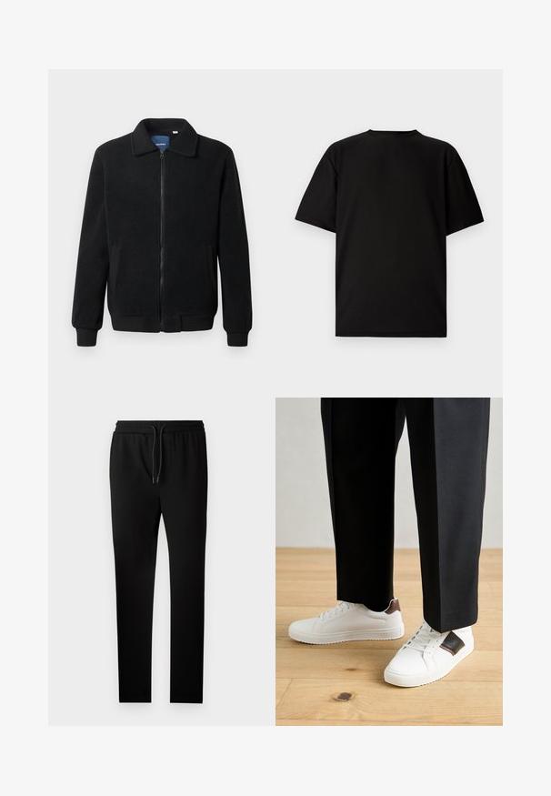 Schwarze Fleecejacke mit Reißverschluss, Stehkragen, gerippten Bündchen und seitlichen Taschen mit strukturiertem Oberflächenmaterial.; Schwarzes kurzärmeliges T-Shirt aus geripptem Stoff. Mit rundem Halsausschnitt und lockerer Passform sowie glatter Textur. Nur Rückansicht.; Schwarze Jogginghose mit taillierter Passform, elastischem Bund und Kordelzug. Hergestellt aus weichem Stoff mit glatter Textur und ohne sichtbare Muster.; Weiße Sneakers mit glatter Textur, versehen mit braunen Lederakzenten und schwarzen Details, kombiniert mit schwarzen maßgeschneiderten Hosen. Hintergrund aus Holzboden.