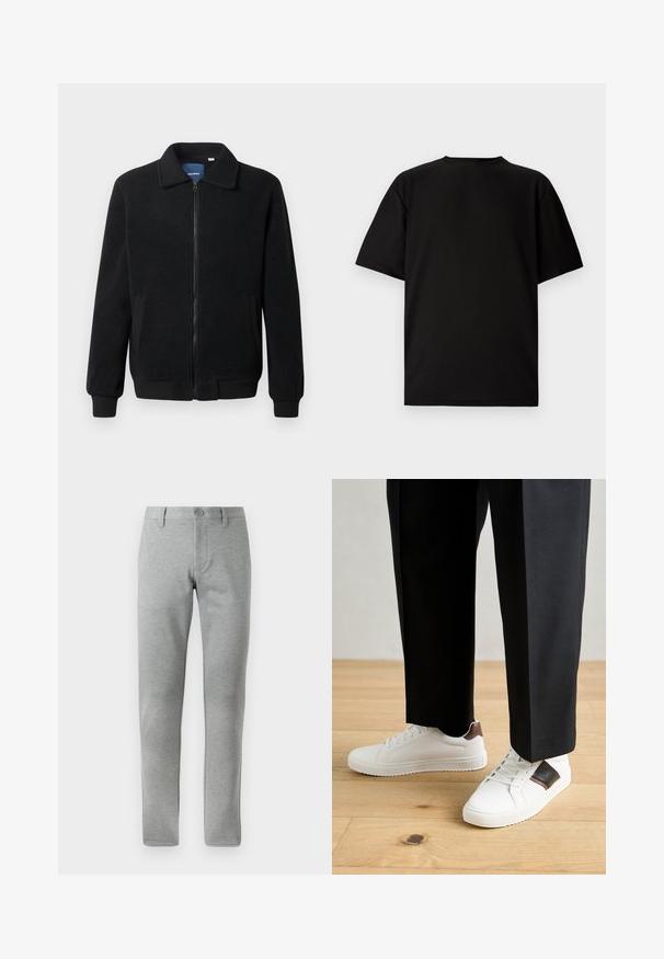 Black fleece jacket featuring a zip closure, stand collar, ribbed cuffs, and side pockets with a textured surface.; Black short-sleeve T-shirt made from ribbed fabric. Features a round neckline and a relaxed fit with a smooth texture. Back view only.; Gray, straight-leg trousers made of textured fabric. Features a button closure, belt loops, and side pockets for functionality.; White sneakers with smooth texture, featuring brown leather accents and black detailing, paired with black tailored pants. Wooden floor background.