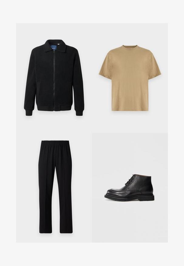 Černá fleecová bunda s zipovým uzávěrem, stojáčkem, vroubkovanými manžetami a bočními kapsami s texturovaným povrchem.; Khaki tričko s krátkým rukávem vyrobené z měkké tkaniny, s kulatým výstřihem a volným střihem. Nejsou na něm viditelné žádné vzory ani grafika.; Černé kalhoty s elastickým pasem a rovnými nohavicemi, s hladkým povrchem a bez viditelných vzorů nebo kovových doplňků.; Černá kožená kotníková bota s šněrováním, kulatou špičkou a silnou gumovou podrážkou na jednobarevném bílém pozadí.