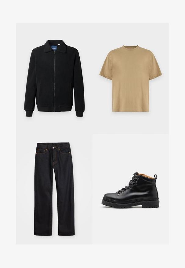 Casaco de polar preto com fecho de correr, gola alta, punhos canelados e bolsos laterais com uma superfície texturizada.; Camiseta de mangas curtas em caqui, feita de tecido suave, com decote redondo e um corte descontraído. Sem padrões ou gráficos visíveis.; Calças de ganga pretas para homem, de pernas retas, com cinco bolsos e costura laranja, fecho de botão e zíper na cintura da frente.; Zign LEATHER - Botins de atacadores - black