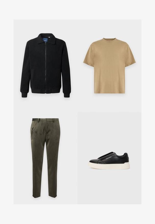 Svart fleece jakke med glidelås, høy krage, ribbestrikkede mansjetter og sidelommer med strukturert overflate.; Khaki kortermet T-skjorte laget av mykt stoff, med rund hals og en avslappet passform. Ingen mønstre eller grafikk er synlige.; Olivengrønne bukser lavet af blødt stof med en glat tekstur. Har en skræddersyet pasform og diskret folderdetalje foran.; Sorte slip-on joggesko med teksturert læroverdel, hvit gummisåle og ingen synlige snører. Har merkevarelogo på siden.