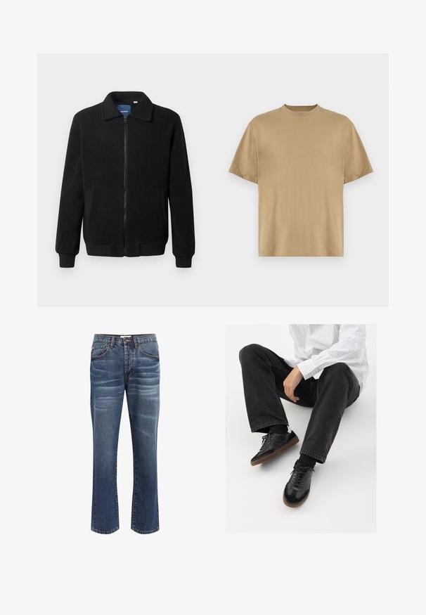 Jachetă din fleece neagră, cu închidere prin fermoar, guler înalt, manșete ribbate și buzunare laterale cu o suprafață texturată.; Tricou kaki cu mânecă scurtă, confecționat dintr-un material moale, având decolteu rotund și o croială lejeră. Fără modele sau grafice vizibile.; Jeanși din denim, de culoare albastru închis, cu o ușoară decolorare. Au un design cu cinci buzunare, închidere cu nasture și detalii cusute pe margini.; Adidași negri cu un model neted și texturat, având o talpă din cauciuc și șireturi închise la culoare. Asortați cu blugi negri și o cămașă albă cu dungi.