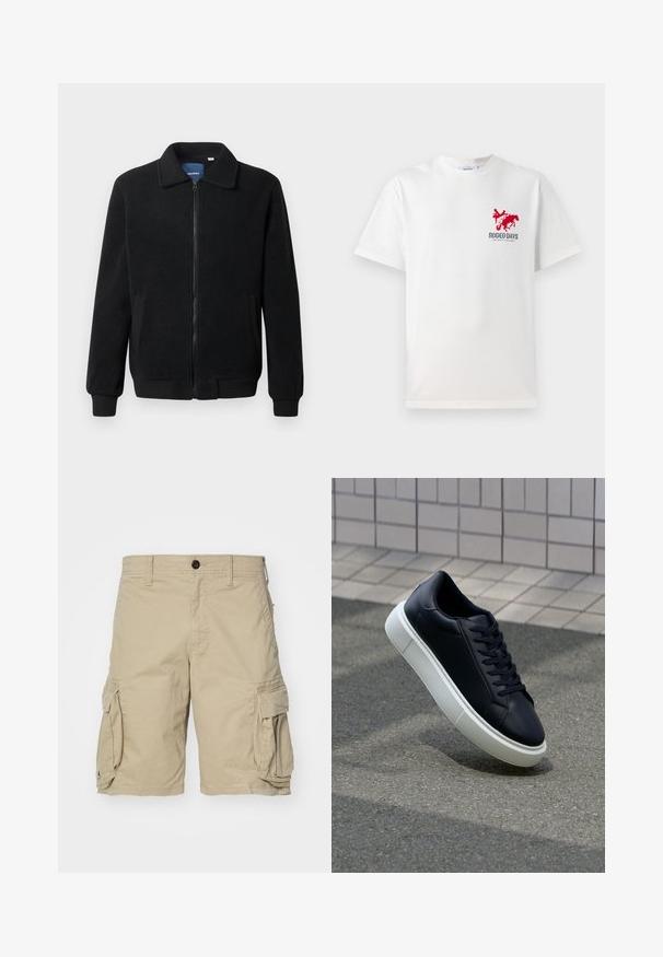 Musta fleece-takki, jossa on vetoketjulla suljettavat, pystykaulus, ribbireunat ja sivutaskut, joissa on teksturoitu pinta.; Valkoinen puuvillapaita, jossa on vasemmassa rinnassa punainen cowboy- ja hevoshahmo sekä "RODEO DAYS" -teksti kuvion alla.; Beige cargo shorts tehty puuvillakankaasta, jossa on sivutaskut, nappisuljenta ja suora leikkaus. Sujuva pinta.; Mustat nahkakengät, joissa on pyöristetty kärki ja valkoinen kumipohja. Varusteena litteät nauhat ja minimaalinen ommel ylhäällä. Teksturoitu pohja pitävyyden lisäämiseksi.