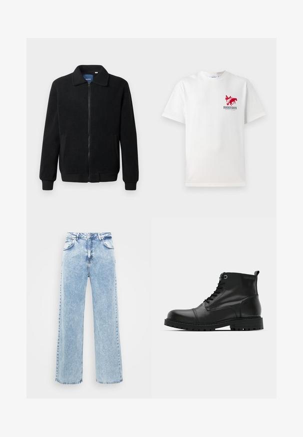 Crni flis jakna s zatvaranjem na zip, stojećim ovratnikom, rebrastim manžetama i bočnim džepovima s teksturiranom površinom.; Bijela pamučna majica s grafikom crvenog kauboja i konja na lijevoj strani prsnog dijela, s natpisom "RODEO DAYS" ispod dizajna.; Svijetloplave traperice širokih nogavica, s pet džepova i zatvaranjem na gumbe. Imaju blago izbjeljivanje i kontrastne šavove.; Crne kožne gležnjače s okruglim nosom, s čipkastim dizajnom, kontrastnim sivozelenim rupicama za vezivanje i robusnom gumom potplatom. Glatka tekstura s minimalnim naglasima.