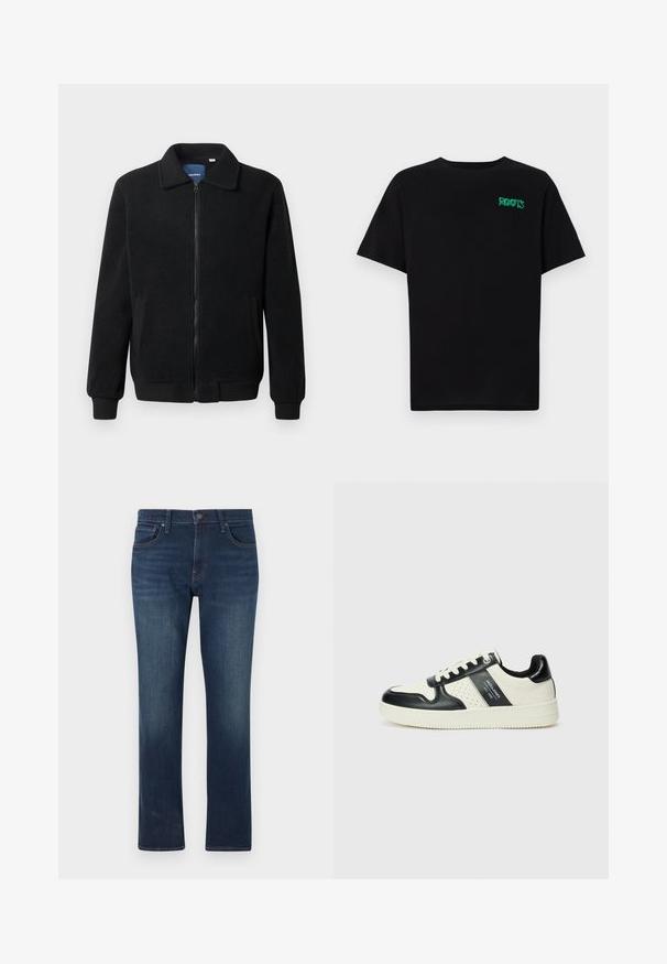 Casaco de polar preto com fecho de correr, gola alta, punhos canelados e bolsos laterais com uma superfície texturizada.; T-shirt preta feita de algodão com mangas curtas. Apresenta um logótipo verde "ROOTS" na frente, gola redonda e corte standard.; Jeans de ganga azul escuro com corte reto, design de cinco bolsos, detalhes de costura e fecho por botão na cintura.; Ténis de couro com um esquema de cores em preto e creme, apresentando detalhes perfurados, um colarinho acolchoado e uma sola texturizada.