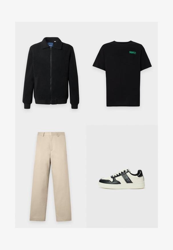 Crni flis jakna s zatvaranjem na zip, stojećim ovratnikom, rebrastim manžetama i bočnim džepovima s teksturiranom površinom.; Crna majica kratkih rukava od pamuka. Na prednjem dijelu se nalazi zeleni "ROOTS" logo, okrugli izrez i standardni kroj.; Bež hlače s ravnim krojem, ravnim prednjim dijelom, dva bočna džepa i zatvaračem. Izrađene od glatkog pamučnog materijala.; Kožne tenisice s crno-bijelom paletom boja, koje imaju perforirane akcentne detalje, podstavljeni ovratnik i teksturiranu potplat.
