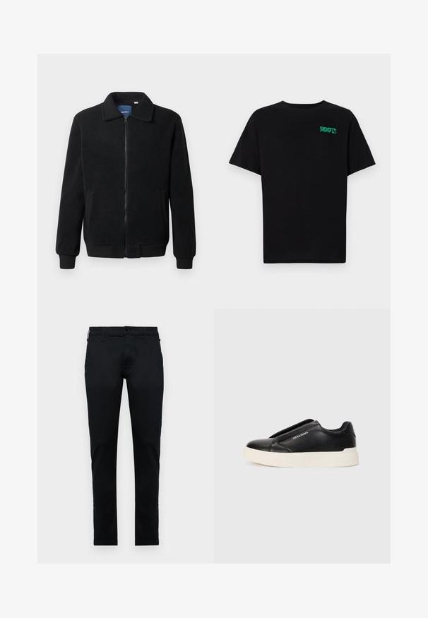 Black fleece jacket featuring a zip closure, stand collar, ribbed cuffs, and side pockets with a textured surface.; Black t-shirt made of cotton with short sleeves. Features a green "ROOTS" logo on the front, round neckline, and standard fit.; Black woven trousers, slim-fit design, feature standard pockets, a front button closure, and contrasting stitching. Smooth texture, no patterns.; Black slip-on sneaker with textured leather upper, white rubber sole, and no visible laces. Features brand logo on the side.