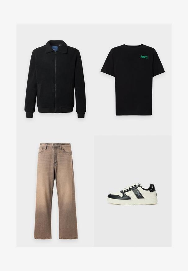 Fekete bolyhos dzseki cipzárral, állógallérral, bordázott mandzsettákkal és oldalzsebekkel, textúrált felülettel.; Fekete, pamutból készült póló rövid ujjakkal. Elöl zöld "ROOTS" logóval, kerek nyakkivágással és normál szabással.; Széles lábú farmer a színátmenetes barna mosással, klasszikus öt zsebes kialakítással, övhurkokkal és kontrasztos varrással a sima farmer textúráján.; Fekete és krém színű bőrsneaker, perforált díszítésekkel, párnázott bokapánttal és texturált talppal.