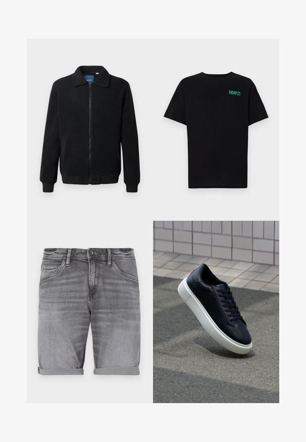 Čierna flísová bunda s uzáverom na zips, stojatým golierom, rebrovanými manžetami a bočnými vreckami s textúrovaným povrchom.; Čierne tričko s krátkymi rukávmi vyrobené z bavlny. Na prednej strane má zelené logo "ROOTS", okrúhly výstrih a štandardný strih.; Sivé denimové šortky s mierne vyblednutým povrchom, srolované manžety, dizajn s piatimi vreckami a kovový gombík na zapínanie v páse.; Čierne kožené tenisky s okrúhlou špičkou a bielou gumovou podrážkou. Majú ploché šnúrky a minimálne šitie na vrchu. Textúrovaná podrážka pre lepšiu priľnavosť.