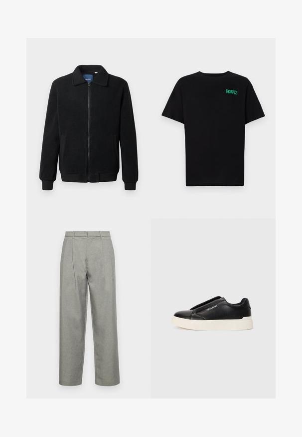 Veste en polaire noire avec fermeture éclair, col montant, poignets côtelés et poches latérales avec une surface texturée.; T-shirt noir en coton à manches courtes. Présente un logo "ROOTS" vert sur le devant, un col rond et une coupe standard.; Pantalons gris sur mesure en tissu texturé, avec une coupe droite, des plis avant et une taille standard avec passants de ceinture.; Baskets noires à enfiler avec un dessus en cuir texturé, semelle en caoutchouc blanche et sans lacets visibles. Présente le logo de la marque sur le côté.