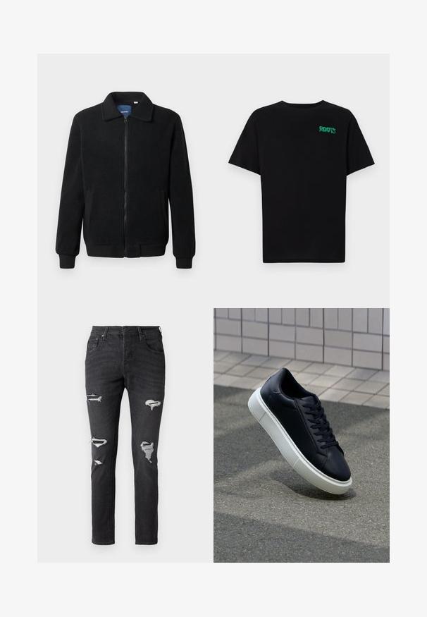 Chaqueta de forro polar negra con cierre de cremallera, cuello alzado, puños acanalados y bolsillos laterales con una superficie texturizada.; Camiseta negra de algodón con mangas cortas. Presenta un logo verde "ROOTS" en el frente, escote redondo y corte estándar.; Jeans de mezclilla negra con un ajuste slim, que presentan varias zonas desgastadas y acentos de parche visibles en las rodillas. Diseño clásico de cinco bolsillos.; Zapatilla de cuero negro con punta redonda y suela de goma blanca. Presenta cordones planos y un mínimo de costuras en la parte superior. Suela texturizada para proporcionar agarre.