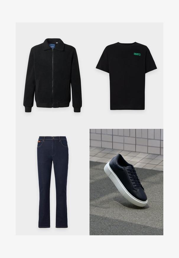 Crni flis jakna s zatvaranjem na zip, stojećim ovratnikom, rebrastim manžetama i bočnim džepovima s teksturiranom površinom.; Crna majica kratkih rukava od pamuka. Na prednjem dijelu se nalazi zeleni "ROOTS" logo, okrugli izrez i standardni kroj.; Tamno plave traperice s ravnim krojem nogavica, s narančastim šavovima, pet džepova i kopčanjem na gumbe u struku.; Crne kožne tenisice s zaobljenim vrhom i bijelim gumiranim potplatom. Imaju ravne vezice i minimalno šivanje na gornjem dijelu. Teksturirani potplat za bolje prianjanje.